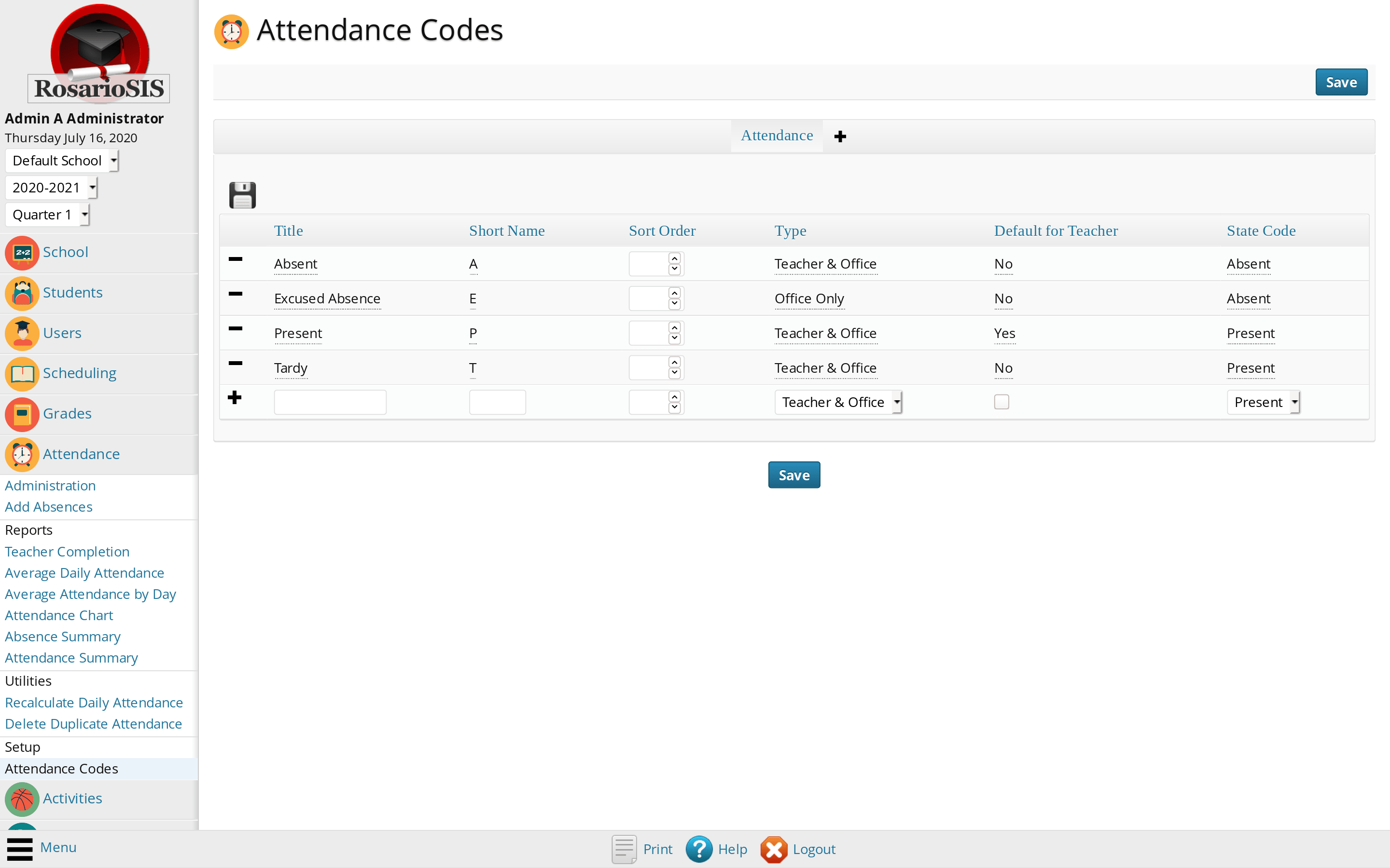 Attendance Codes Setup