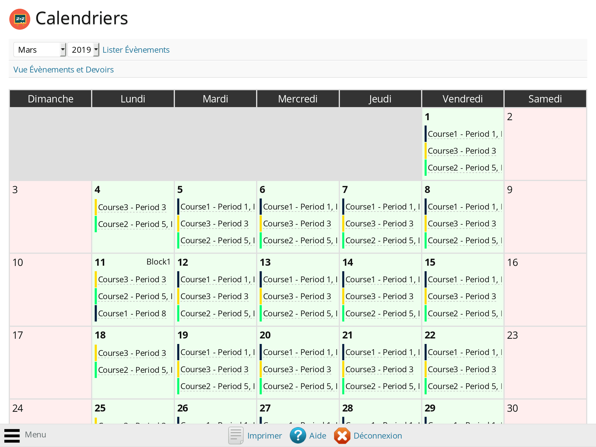 Screenshot plugin Vue emploi du temps du calendrier