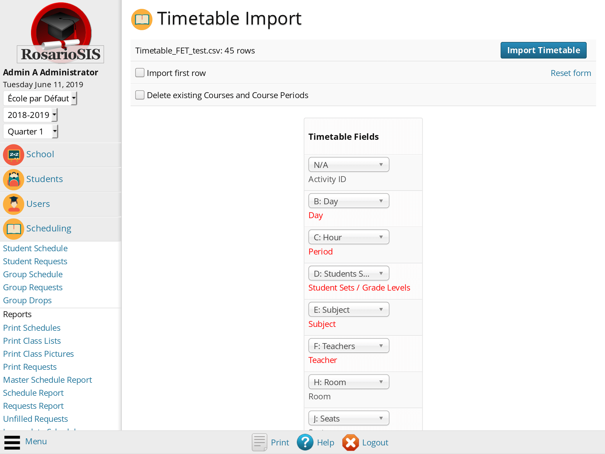 Timetable Import module screenshot