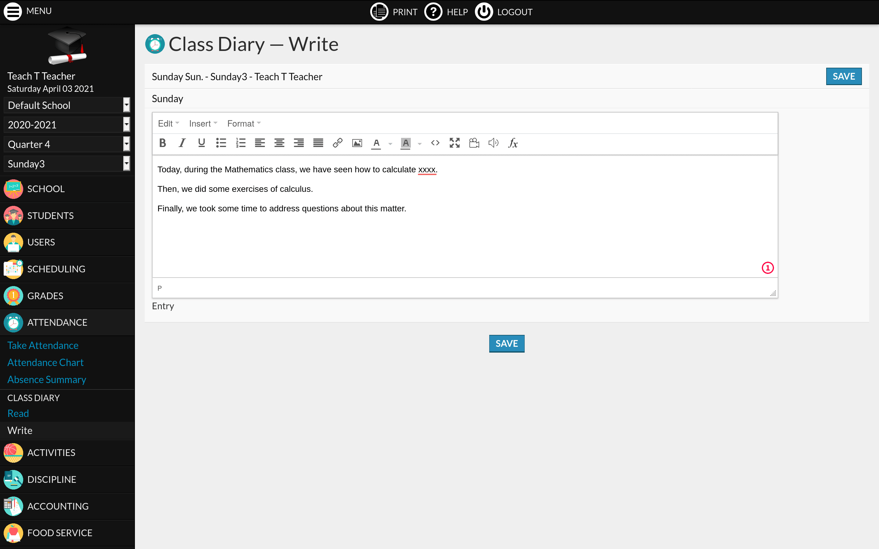 Class Diary module screenshot