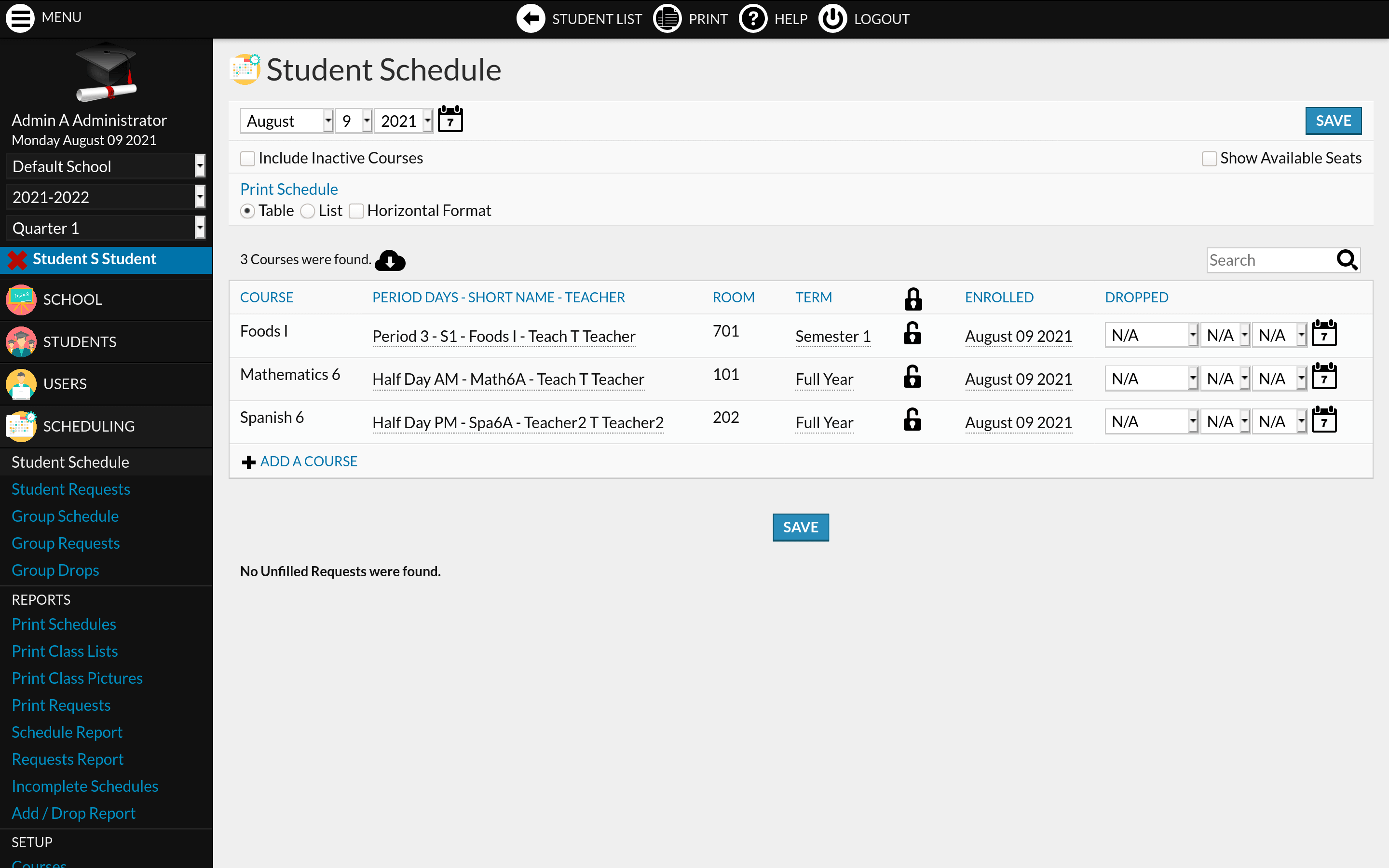 Student Schedule
