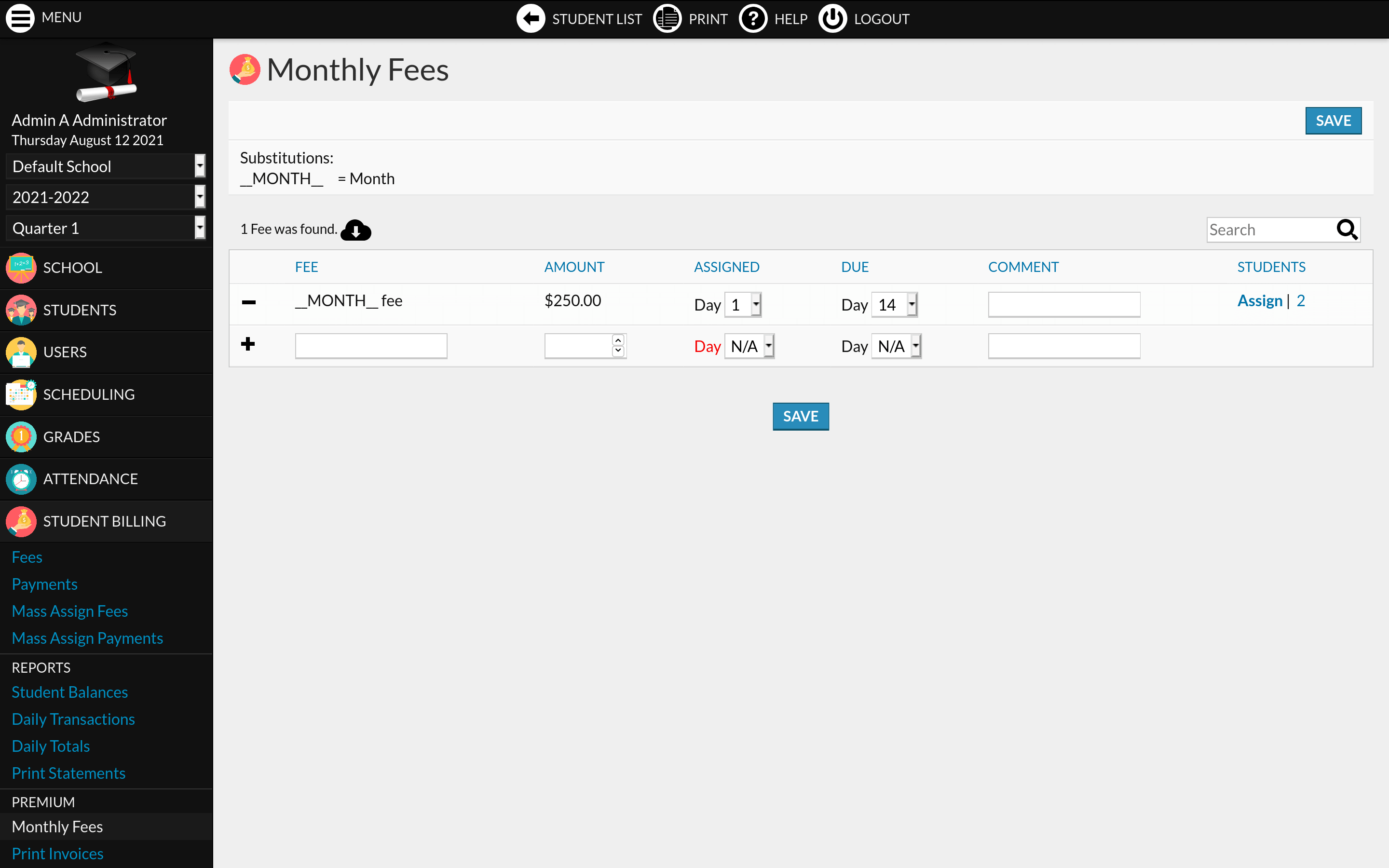Student Billing Premium module screenshot